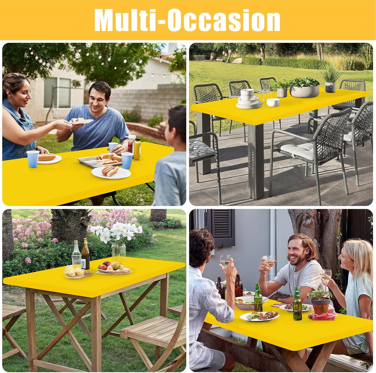 Rectangle Table Cloth, Waterproof Elastic Fitted Tablecloth for 4 Foot Folding Tables, Washable Polyester Tablecloths for Picnic, Camping, Outdoor (Yellow, 24"x48")