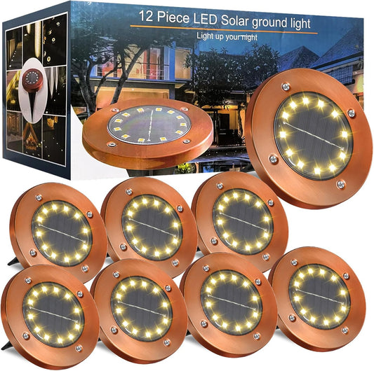 Solar Ground Lights Outdoor Waterproof Flat Garden Solar Disk Lights Floor 12 LED 8 Pack for Garden Patio Pathway Landscape Driveway Yard Path Decor