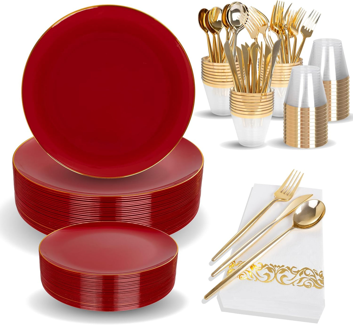 MirthMood 210pcs Red Plastic Plates,Disposable Red Gold Party Plates,Include 30 Dinner,Dessert Plate,30 Cup&30 Napkins, 90 Gold Silverware for Wedding & Party & Birthday（Plum Red）