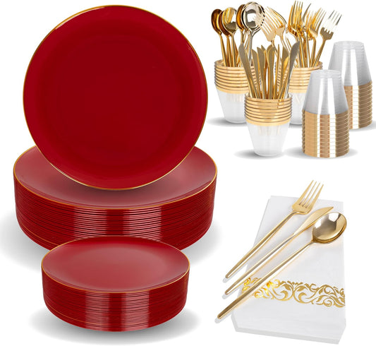 MirthMood 210pcs Red Plastic Plates,Disposable Red Gold Party Plates,Include 30 Dinner,Dessert Plate,30 Cup&30 Napkins, 90 Gold Silverware for Wedding & Party & Birthday（Plum Red）
