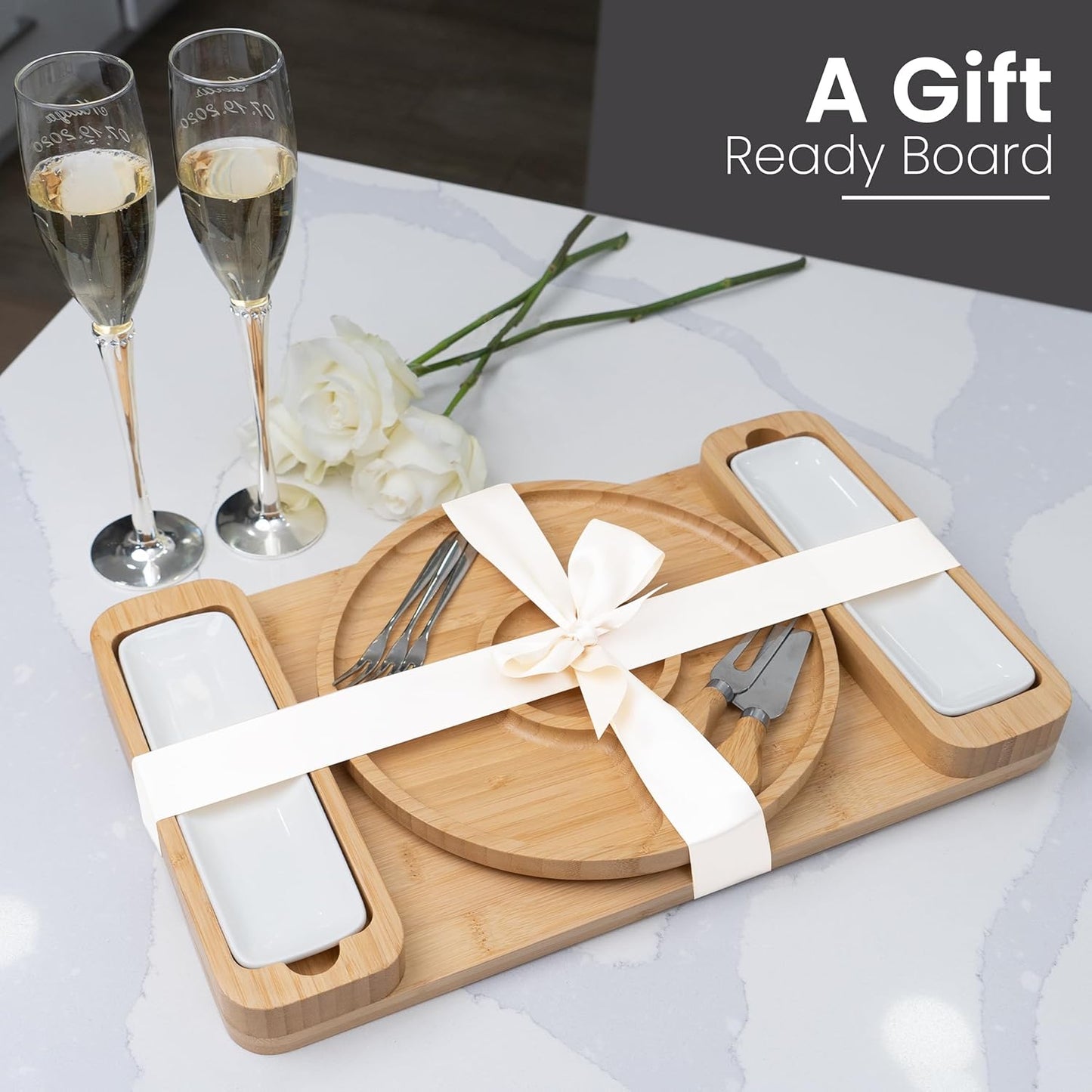 Charcuterie Board Gift Set - Bamboo Cheese Board & Serving Tray for Meat, Cheese, Crackers, Fruit - Large Wooden Charcuterie Boards for Parties - Wedding, Housewarming, Birthday Gifts for Women