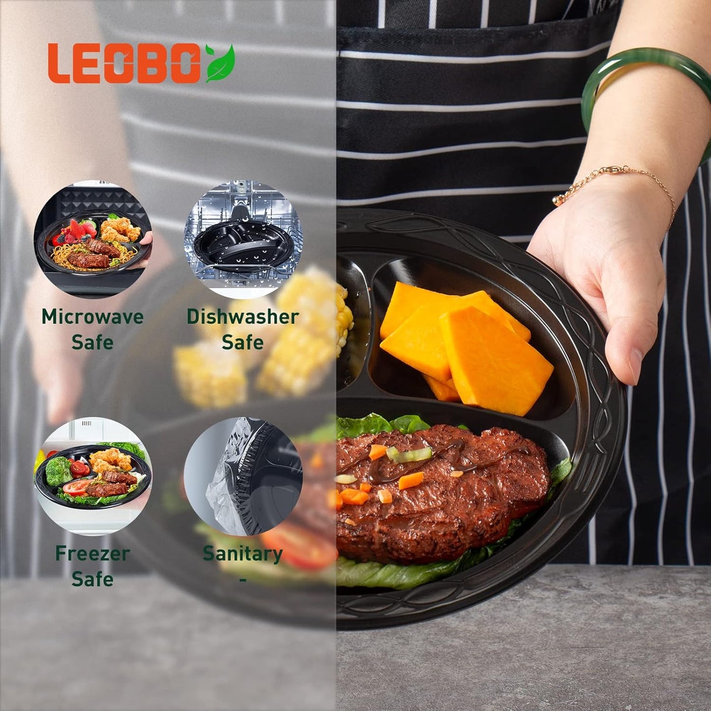 Plastic Plates Mineral Filled PP 9" - 150 Pack Shrink Wrap BPA Free Dinner Tray | Dishwasher & Microwave Safe | 3 Compartment Heavy Duty Black Reusable & Disposable Plate for Party Catering