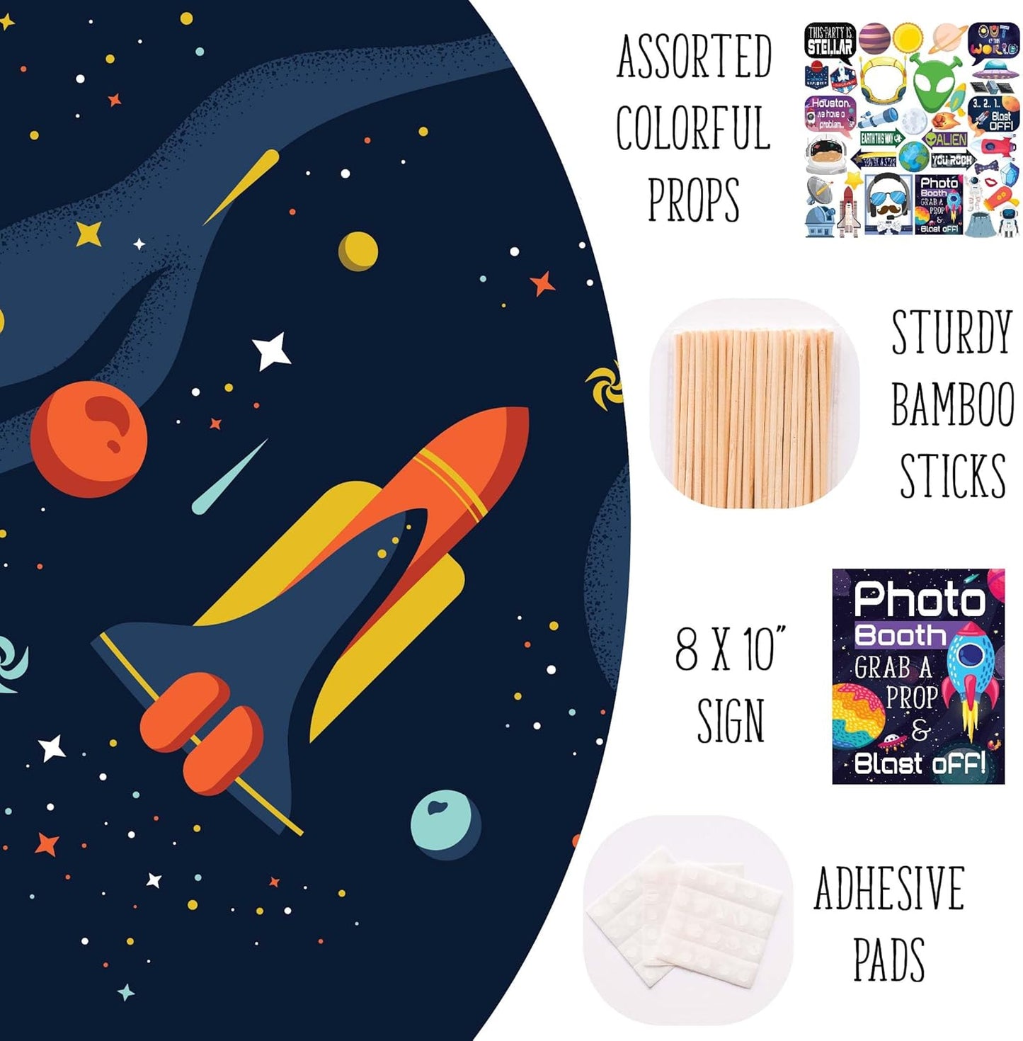 Space Photo Booth Props - 41-pc Photobooth Kit with 8 x 10-Inch Sign, 60 Adhesive Pads, 45 Sticks - Space Party Decor - Space Props - Out of This World Party Decorations