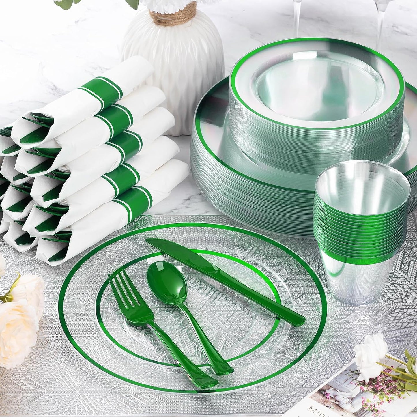Goodluck 350 Piece Green Plastic Dinnerware Set for Party, Clear Disposable Plates for 50 Guests, Include: 50 Dinner Plates, 50 Dessert Plates, 50 Pre Rolled Napkins with Cutlery Set, 50 Cups