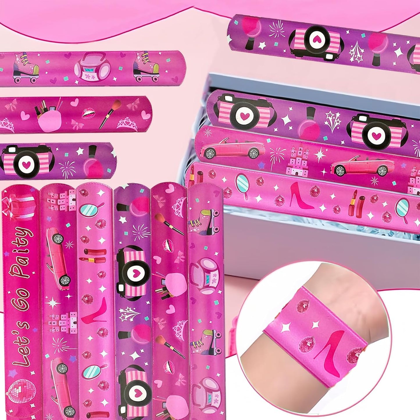 24 Pcs Pink Party Decorations Favors Princess Bracelet Wristbands Bracelet Slap Bracelets Pink Party Birthday Supplies