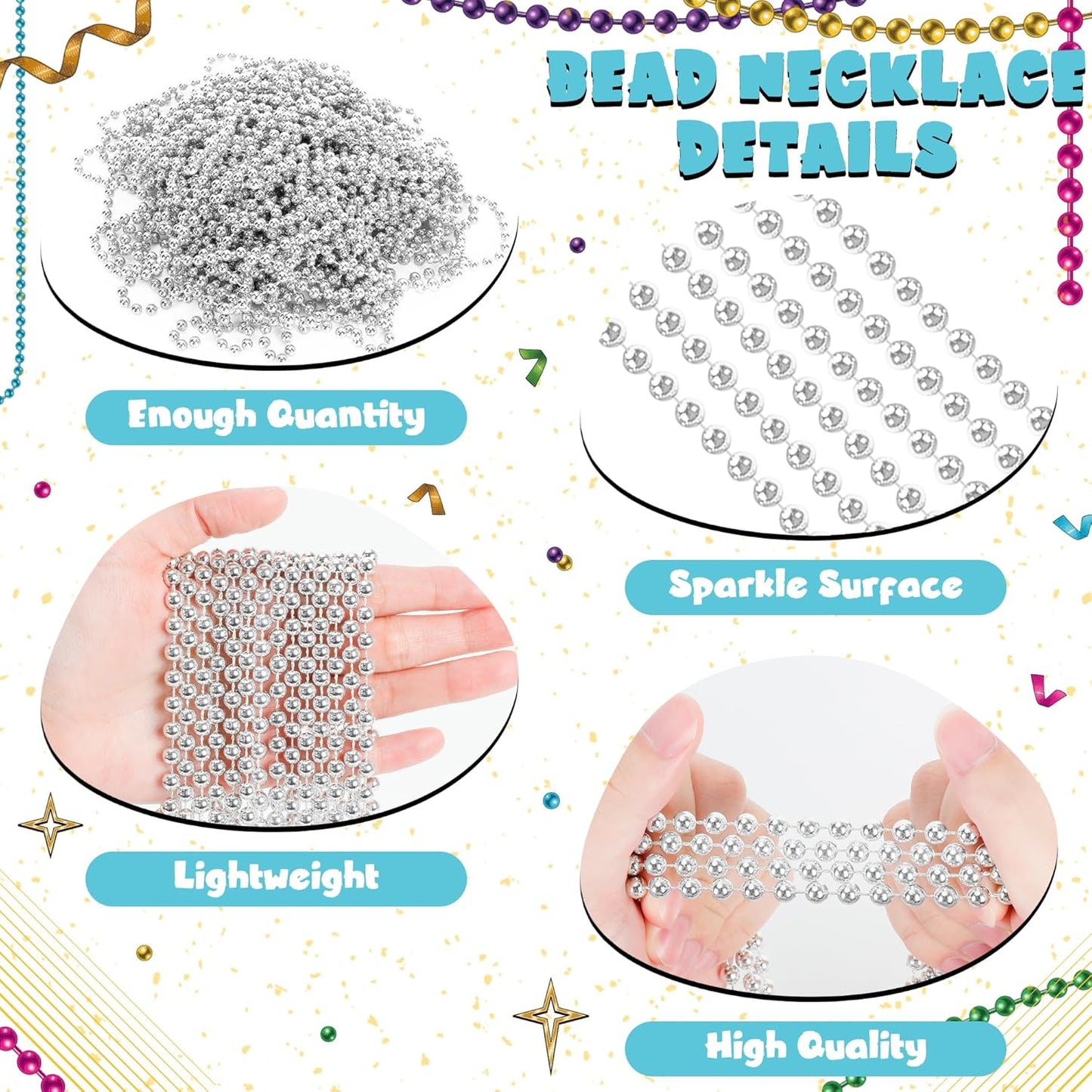 12 PCS Silver Mardi Gras Beads, 33" Christmas Beads Necklaces, Festival Parade Throws Accessory Sets, Bulk Carnival Round Costume for Independence Day Party Favors Christmas Decorations