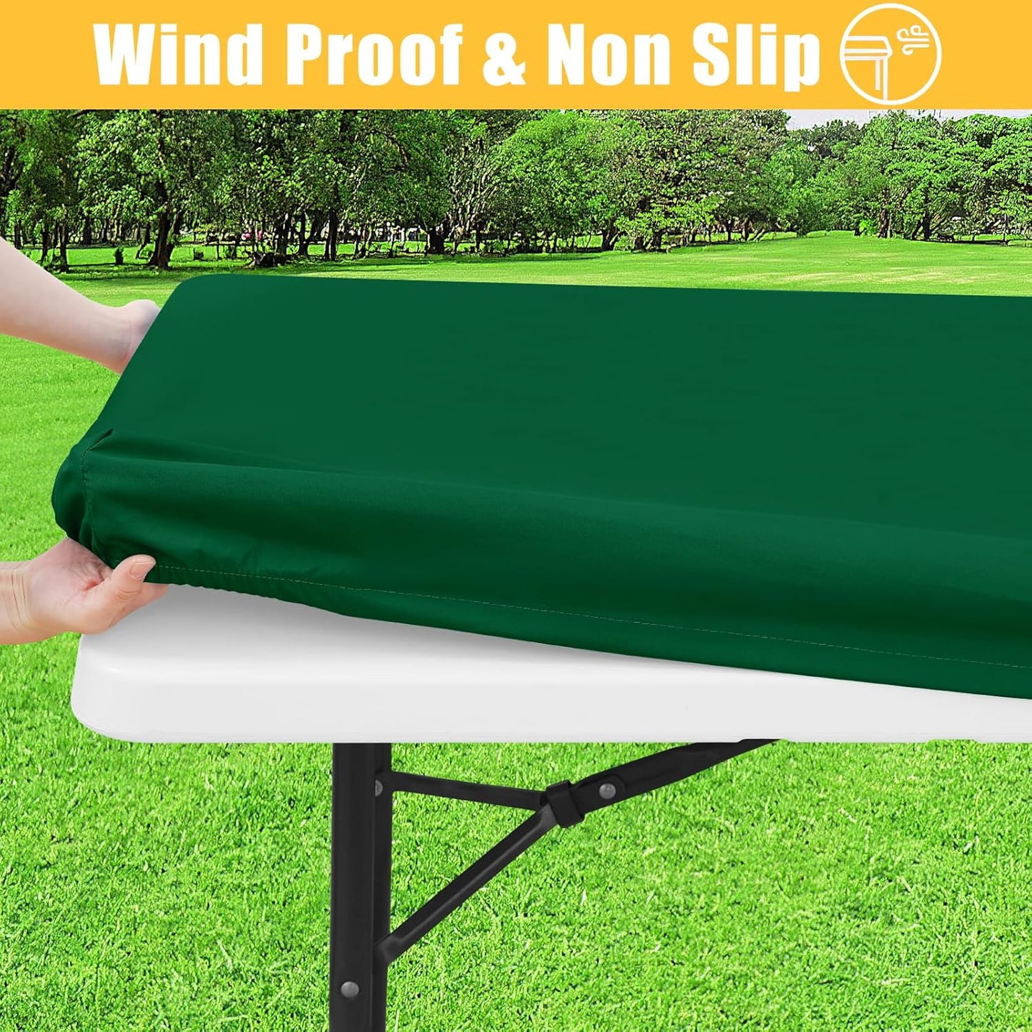 Rectangle Table Cloth, Waterproof Elastic Fitted Tablecloth for 8 Foot Folding Tables, Washable Polyester Tablecloths for Picnic, Camping, Outdoor (Emerald Green, 30"x96")