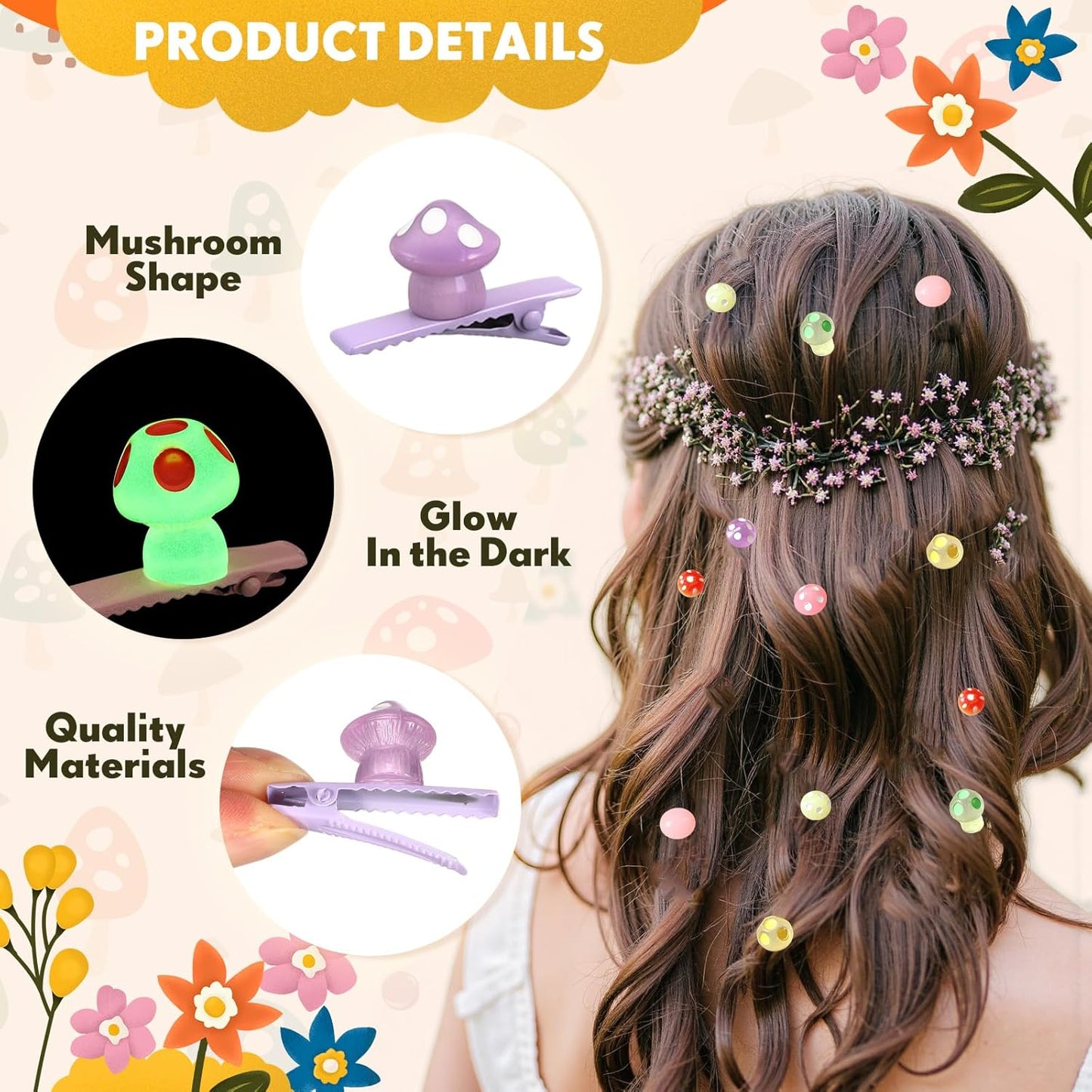 30 Pcs Mini Glow Hair Clips Girls Rave Hair Clips for Women Christmas Music Festival Holiday Party Supplies (Cute Mushroom)