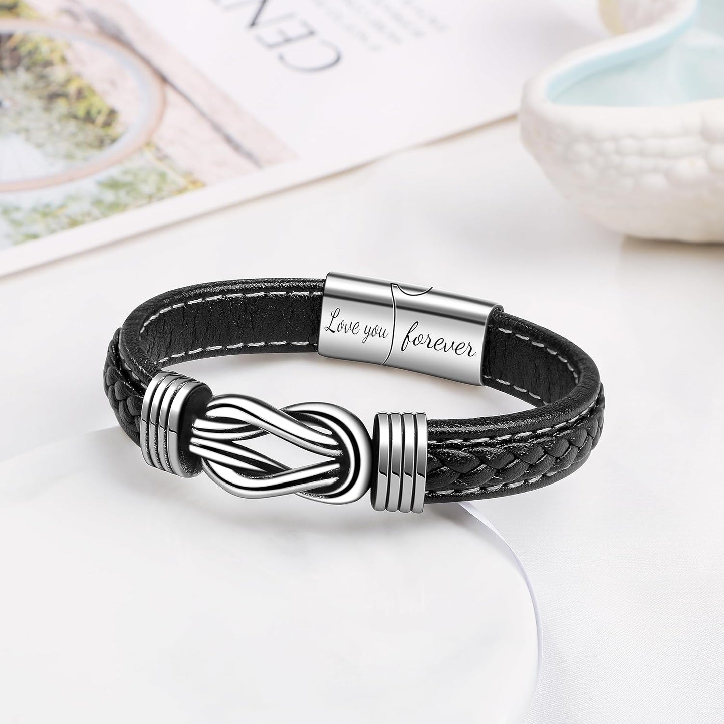 𝗞𝗻𝗼𝘁 𝗕𝗿𝗮𝗰𝗲𝗹𝗲𝘁 𝗚𝗶𝗳𝘁𝘀 𝗳𝗼𝗿 𝗠𝗲𝗻 Brown Braided Leather Stainless Steel Infinity Bracelets Lettering Love You Forever Gifts for Son Grandson Husband Boyfriend Brother Always Linked Together