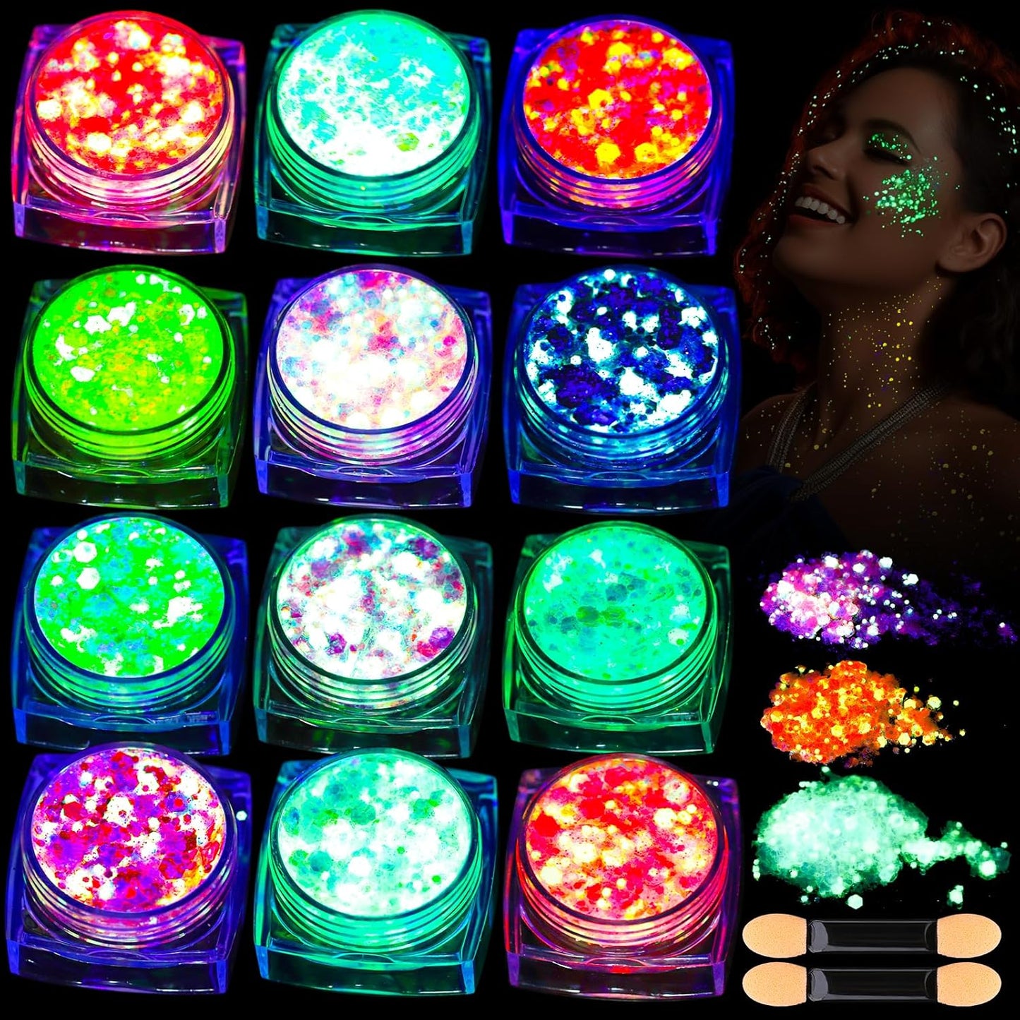 Teenitor 12 Colors Glow in The Dark Glitter Gel, Face Glitter Body Glitter Gel Hair Glitter for UV Black Light Halloween Makeup Raves Festivals