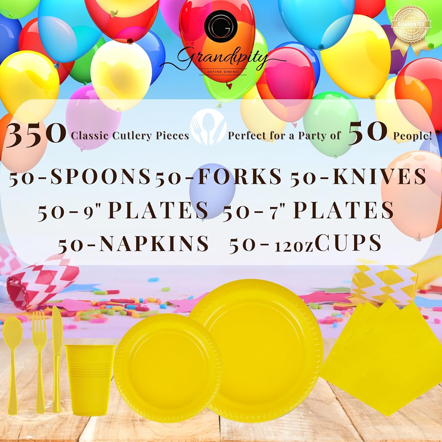 Grandipity 350 Piece Yellow Disposable Dinnerware Set, Includes 50 of Each: 9" Dinner Plates, 7" Dessert Plates, 12oz Cups, Paper Napkins, Forks, Knives & Spoons