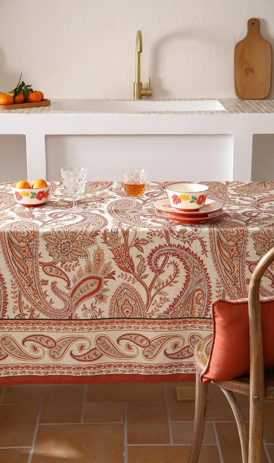 ISAENNE Designer French Red Extra Long Tablecloth Rectangle,Linen Table Cloth with Cashew Pattern,Stain Proof Decor Tablecloths for Dining Thanksgiving Kitchen Christmas,67"*118"-Chauffrey D