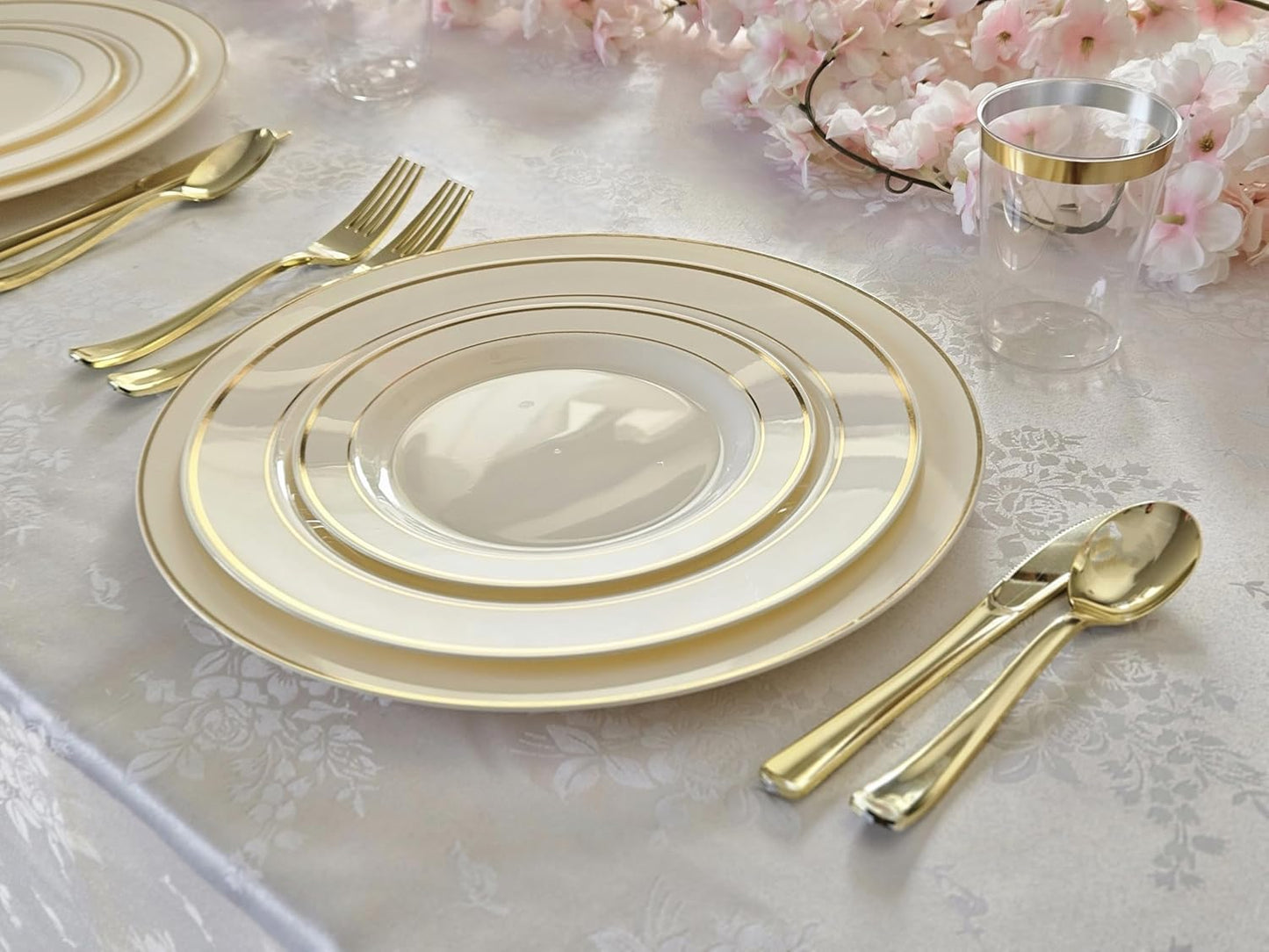 " OCCASIONS " 40 Plates Pack, Heavyweight Disposable Wedding Party Plastic Plates (6.25'' Dessert/Bread Plate, Ivory & Gold Rim)