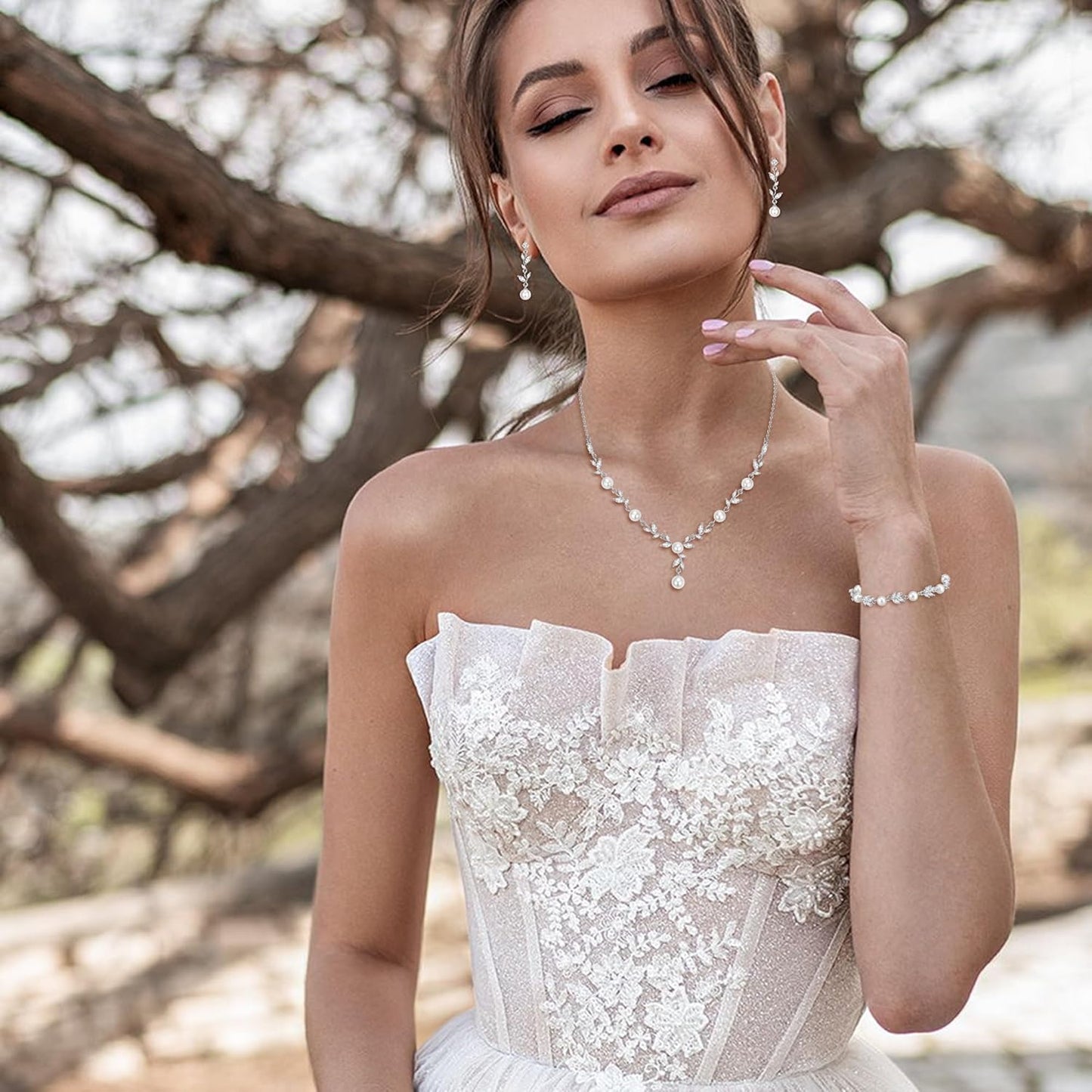 EVER FAITH Bridal Cubic Zirconia Jewelry Sets for Women, White Simulated Pearl Leaf Vine Pendant Wedding Party Necklace Earrings Set for Bridesmaid Bride