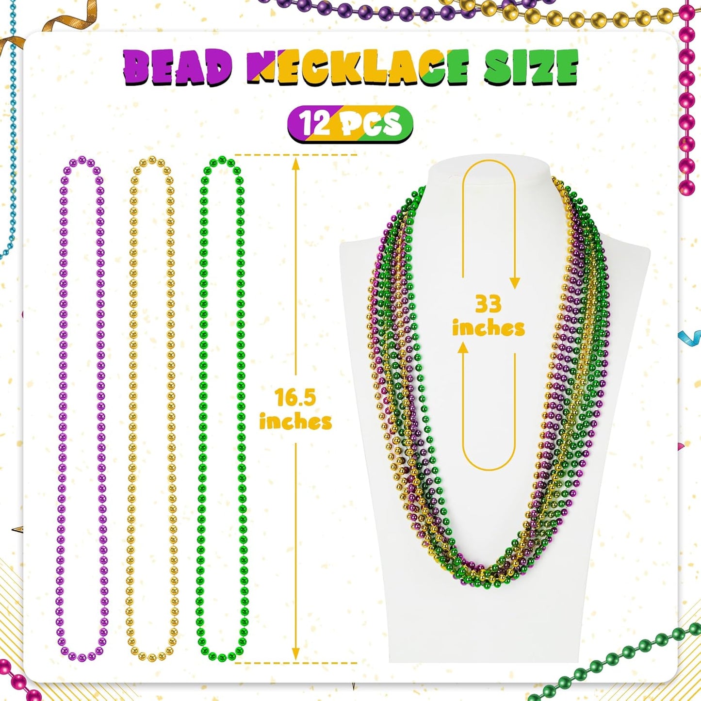 12 PCS Mardi Gras Beads Necklaces, 33" 3 Colors Beads Accessories Bulk, Carnival Purple Green Gold Party Supplies, Carnival Beads Necklace Accessories for Masquerade Holiday Party Favors Decorations