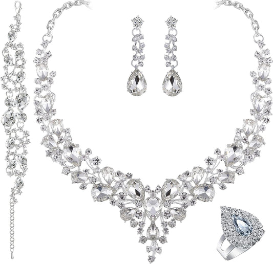 Crystal Bridal Wedding Jewelry Sets for Women Rhinestone Teardrop Crystal Statement Choker Necklace Drop Earrings Link Bracelets Rings Teardrop Jewelry Set for Brides Bridesmaids