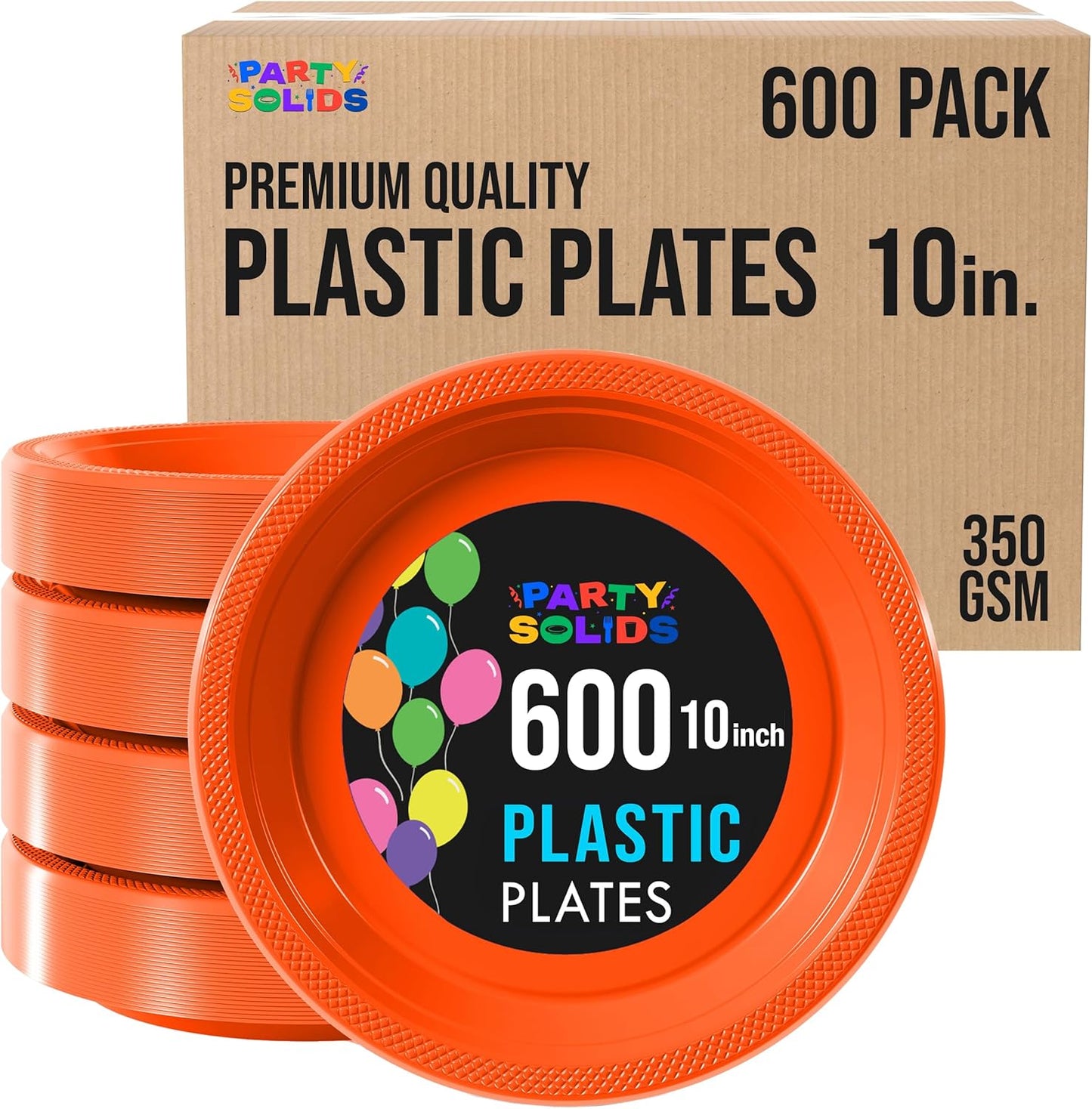 Party Solids Orange Plastic Plates Bulk 10" Orange Disposable Plates For Party Supplies 600 Pieces Disposable Dinner Plate Heavy Duty 350 GSM Plate Sets, Plastic Dinnerware Sets