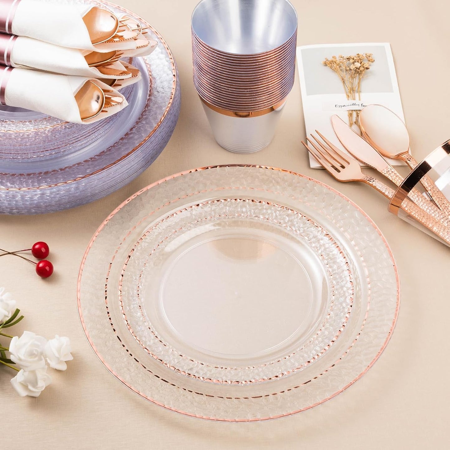 350PCS Clear Plastic Plates with Rose Gold Trim for 50 Guests, Disposable Dinnerware Set for Party, Wedding, Include 100 Plastic Plates, 50 Pre Rolled Napkins with Silverware, 50 Cups