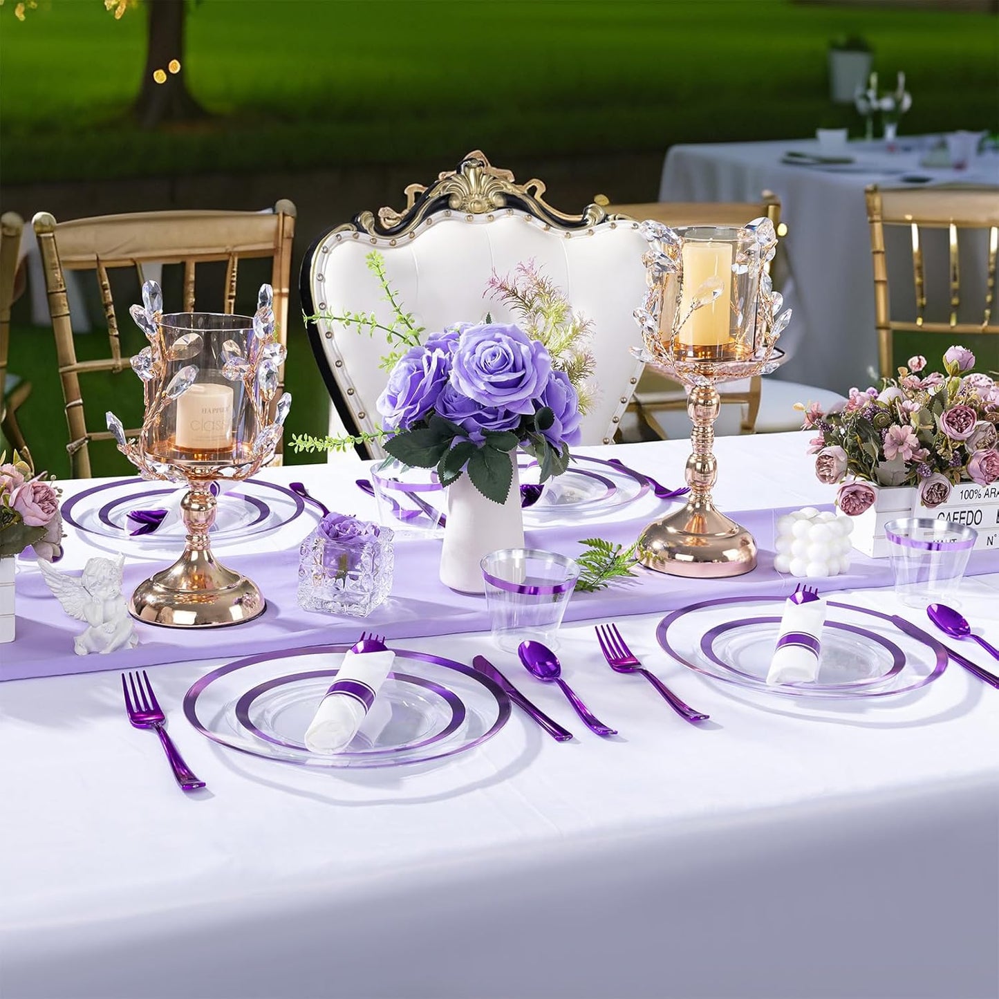I00000 210 Pcs Clear Purple Plates for 30 Guests, Purple Dinnerware Include 60 Plates, 30 Cups, 30 Pre Rolled Napkins with Cutlery Set for Party and Wedding