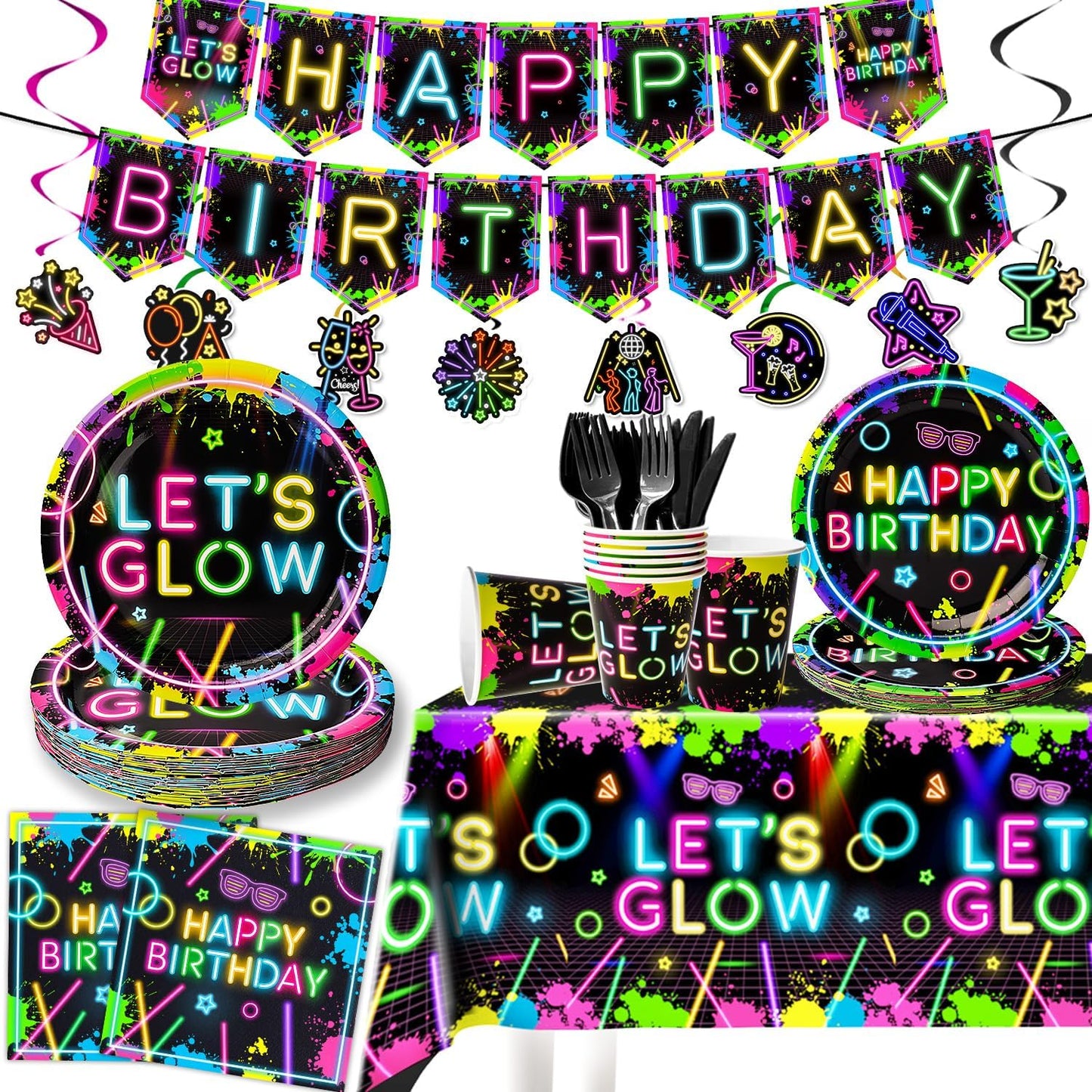 154Pcs Neon Party Supplies Set - Serves 24, Glow in the Dark Party Supplies, Includes Plates, Napkins, Banner, Hanging Swirls, Cups, Cutlery, Tablecloth for Glow Birthday Decorations