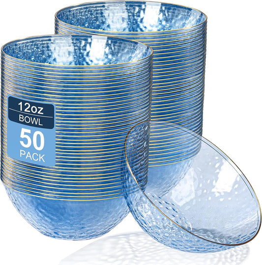 Rubtlamp 50 Pack Clear Blue Disposable Bowls, Clear Plastic Bowls with Gold Rim, 12-16oz Premium Heavy Duty Plastic Dinner Bowls for Party, Wedding and Holiday