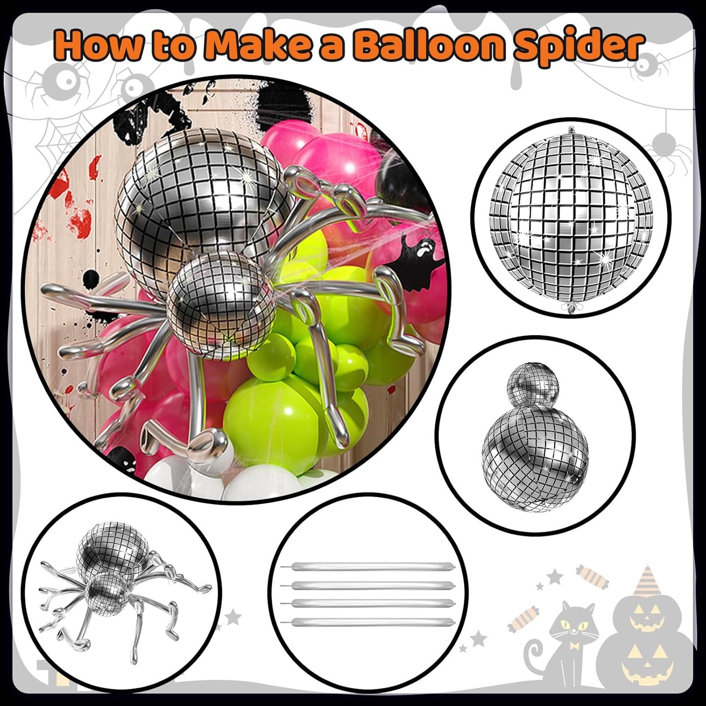 Halloween Balloons Arch Kit, Black Green Hot Pink Balloon Garland Kit with 4D Disco Spider Balloon, Black Pink White Metallic Silver Long Balloons for Halloween Birthday Home Garden Party Decorations