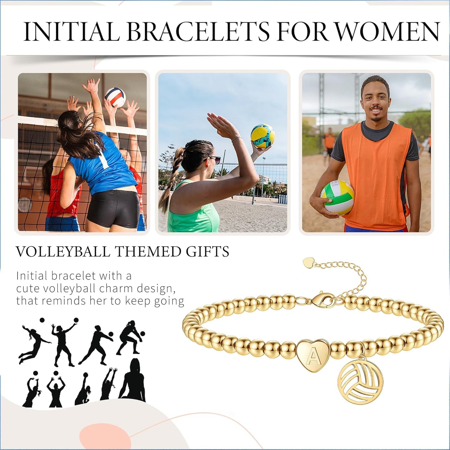 Volleyball Stuff, Volleyball Gifts Stocking Stuffers for Teens Initial Bracelet Adjustable Letter A-Z Gold Beaded Bracelets for Women Heart Link Valentines Day Gift Basket Christmas Graduation Jewelry