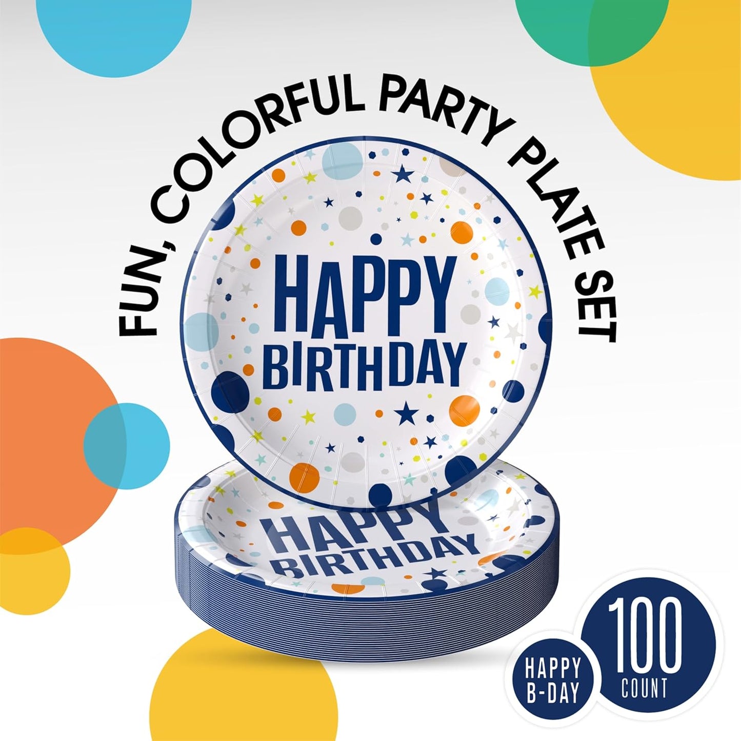 Exquisite Blue Happy Birthday Plates 7" Birthday Paper Plates 100 Pcs Blue Party Plate | Disposable Heavy Duty 350 Gsm Disposable Plate For Party Supplies And Decorations