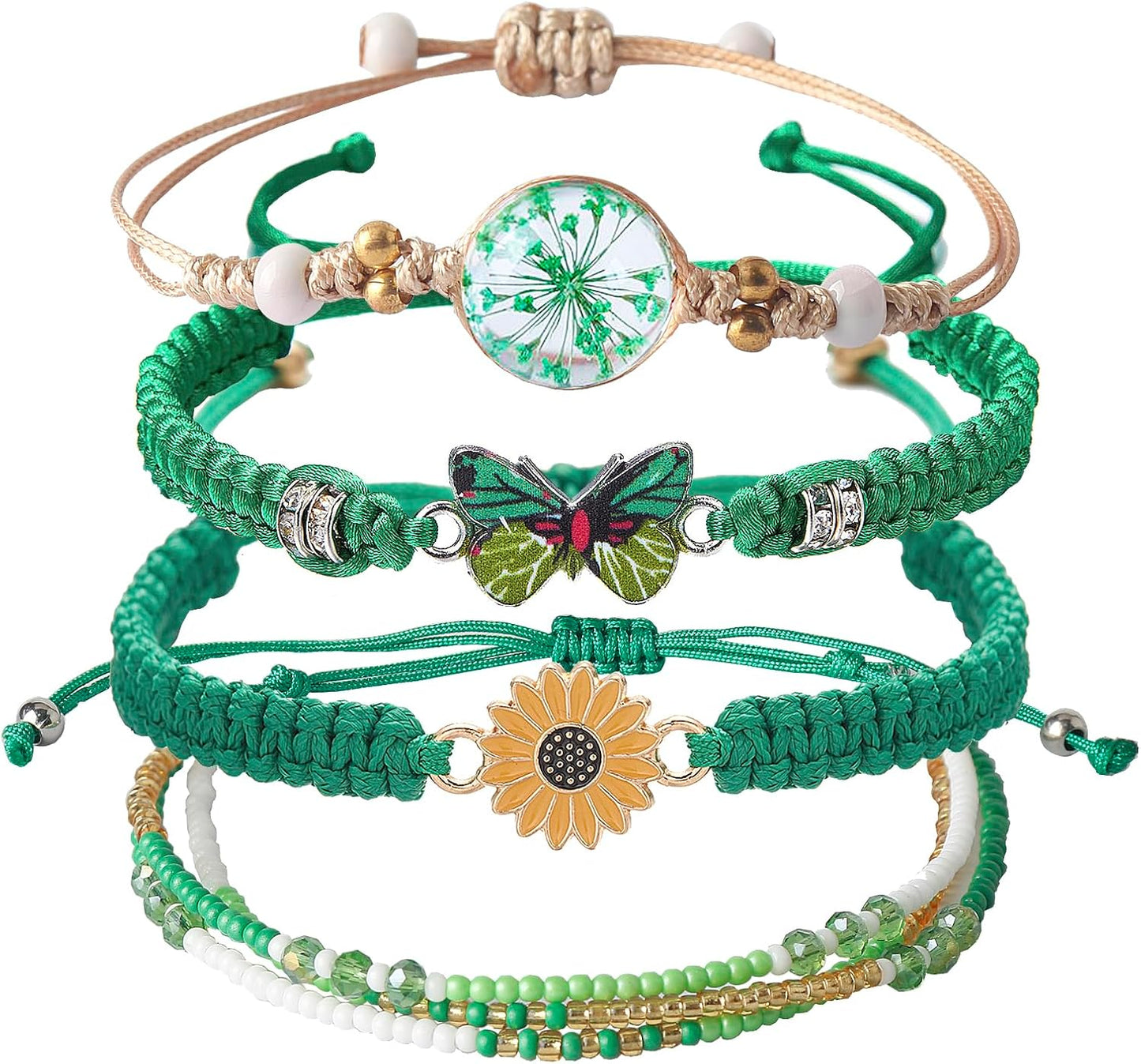 DS 4PCS String beads Charm Bracelets for Teen Girls Dainty cute cartoon Butterfly Daisy Eternal flower Beads Bracelets set for woman and girls Adjustable Stretch bracelet birthday Gift For Friends