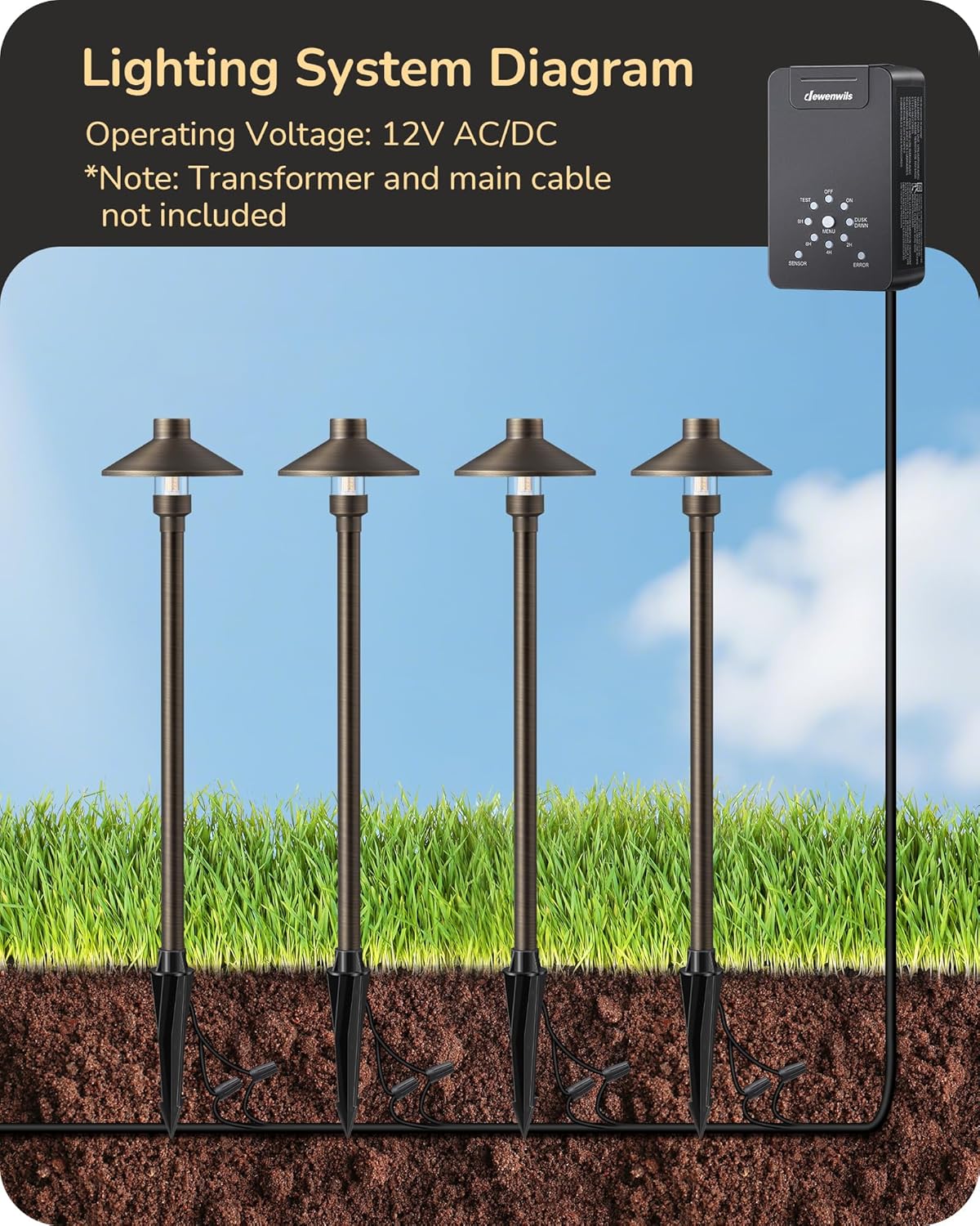 EDISHINE Solid Brass Low Voltage Pathway Lights Wired, 22" Tall Outdoor Landscape Path Light Heavy Duty, G4 Bulb Included, 12V LED Landscape Lighting, Bronze Waterproof for Garden Yard Walkway, 4 Pack