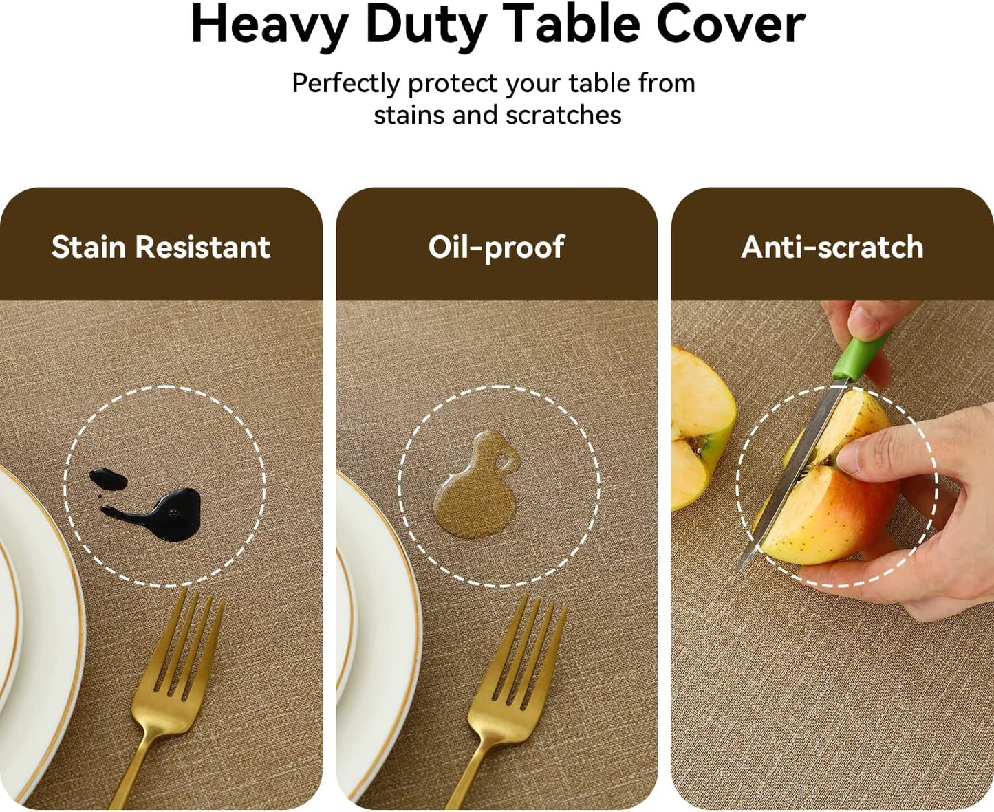 Romanstile 100% Waterproof PVC Tablecloth, Rectangle Oil Spill Proof Stain Resistant Vinyl Table Cloth, Wipe Clean Plastic Table Covers for Kitchen/Dining/Parties - 54 x 120 Inch, Caramel