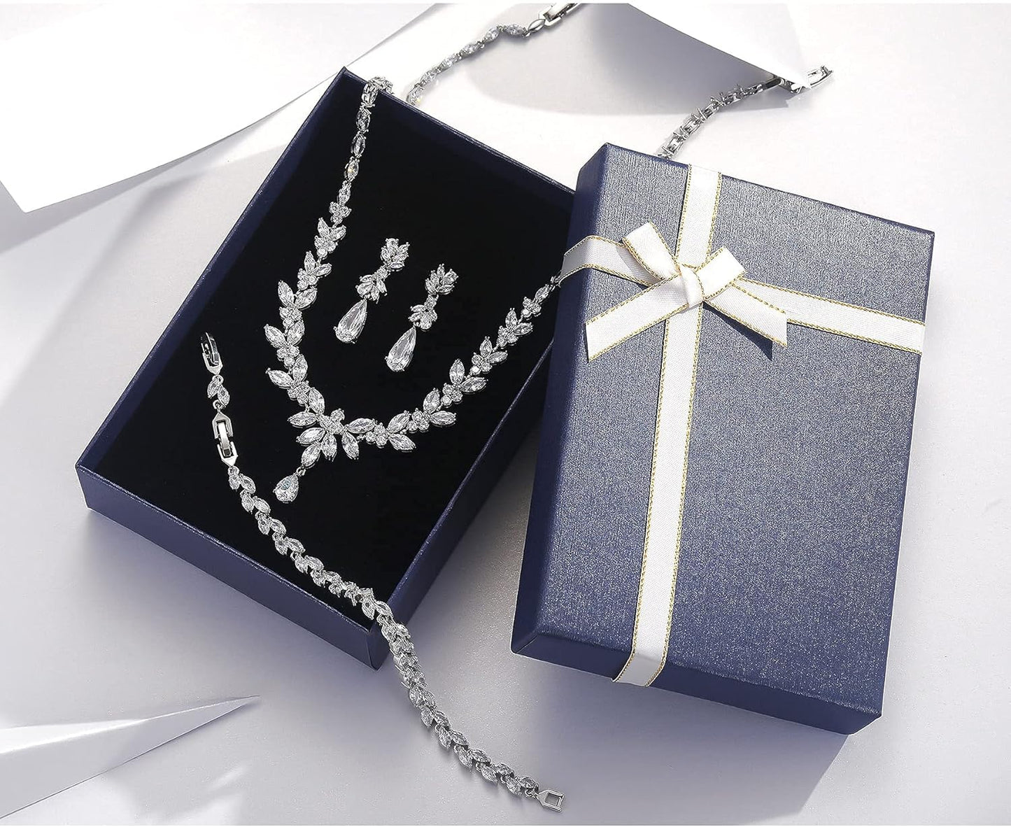 Jewelry Set for Women, Cubic Zirconia Necklace Dangle Earrings & Bracelet Jewelry Set for Bride Bridesmaid Wedding Engagement Prom Party