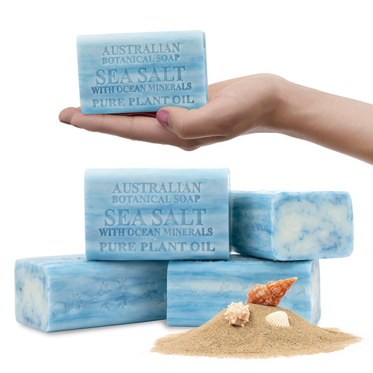 Australian Botanical Soap Sea Salt with Ocean Minerals 6.6 oz Luxury Soap Bars Enriched with Shea Butter, Pack of 4 - Packaging May Vary