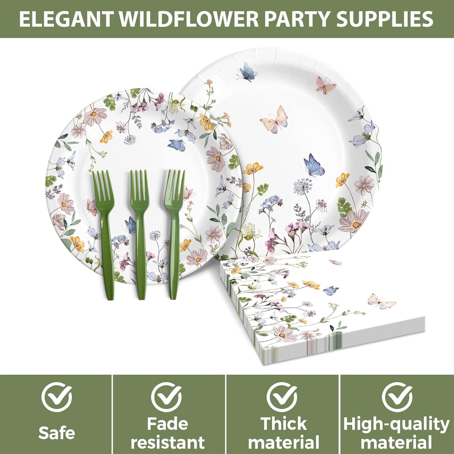 Audree 96 Pcs Wildflower Party Supplies, 24 set Disposable Paper Plates and Napkins for Party Baby Shower, Wedding, Birthday, Perfect for Guests Set Dinner and Dessert Plates, Napkins, Plastic Forks