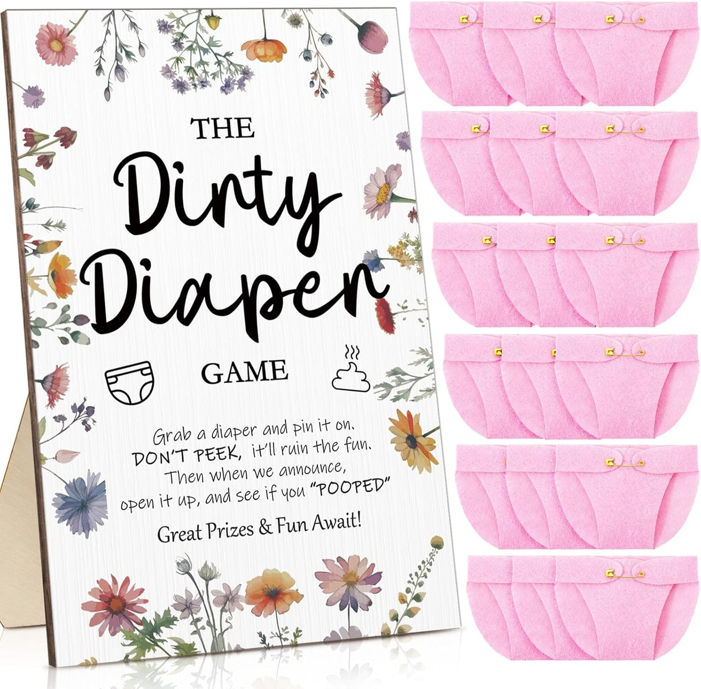 Roowest 51 Pcs Dirty Diaper Baby Shower Games Funny Wooden Sign with 50 Pcs Mini Diapers Cute Felt for Gender Reveal Party Baby Shower (Wildflowers)