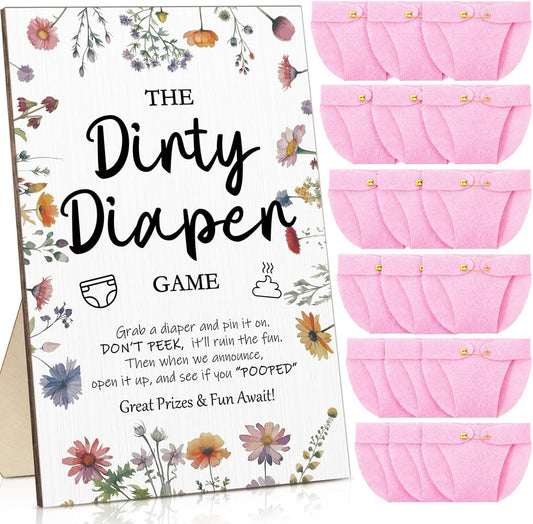 Roowest 51 Pcs Dirty Diaper Baby Shower Games Funny Wooden Sign with 50 Pcs Mini Diapers Cute Felt for Gender Reveal Party Baby Shower (Wildflowers)