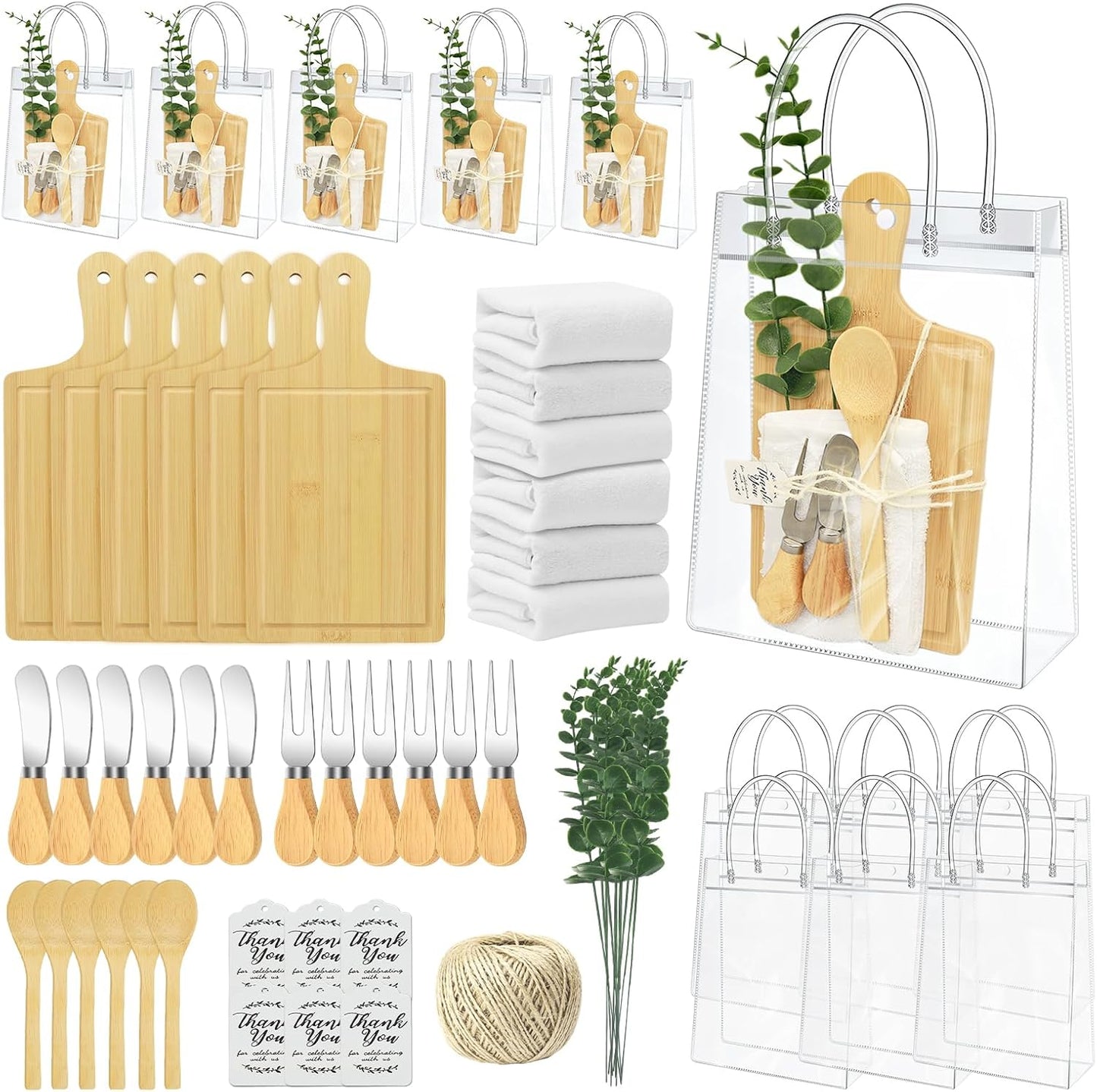 AZEAM 55Pcs Baby Shower Prizes for Game Winners, Bridal Shower Prizes with 6 Sets Square Cheese Board Spoon Fork Butter Knife Towel Card Plastic Bag Branch, Wedding Shower Favors for Guests