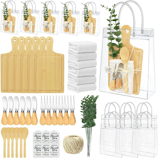 AZEAM 55Pcs Baby Shower Prizes for Game Winners, Bridal Shower Prizes with 6 Sets Square Cheese Board Spoon Fork Butter Knife Towel Card Plastic Bag Branch, Wedding Shower Favors for Guests