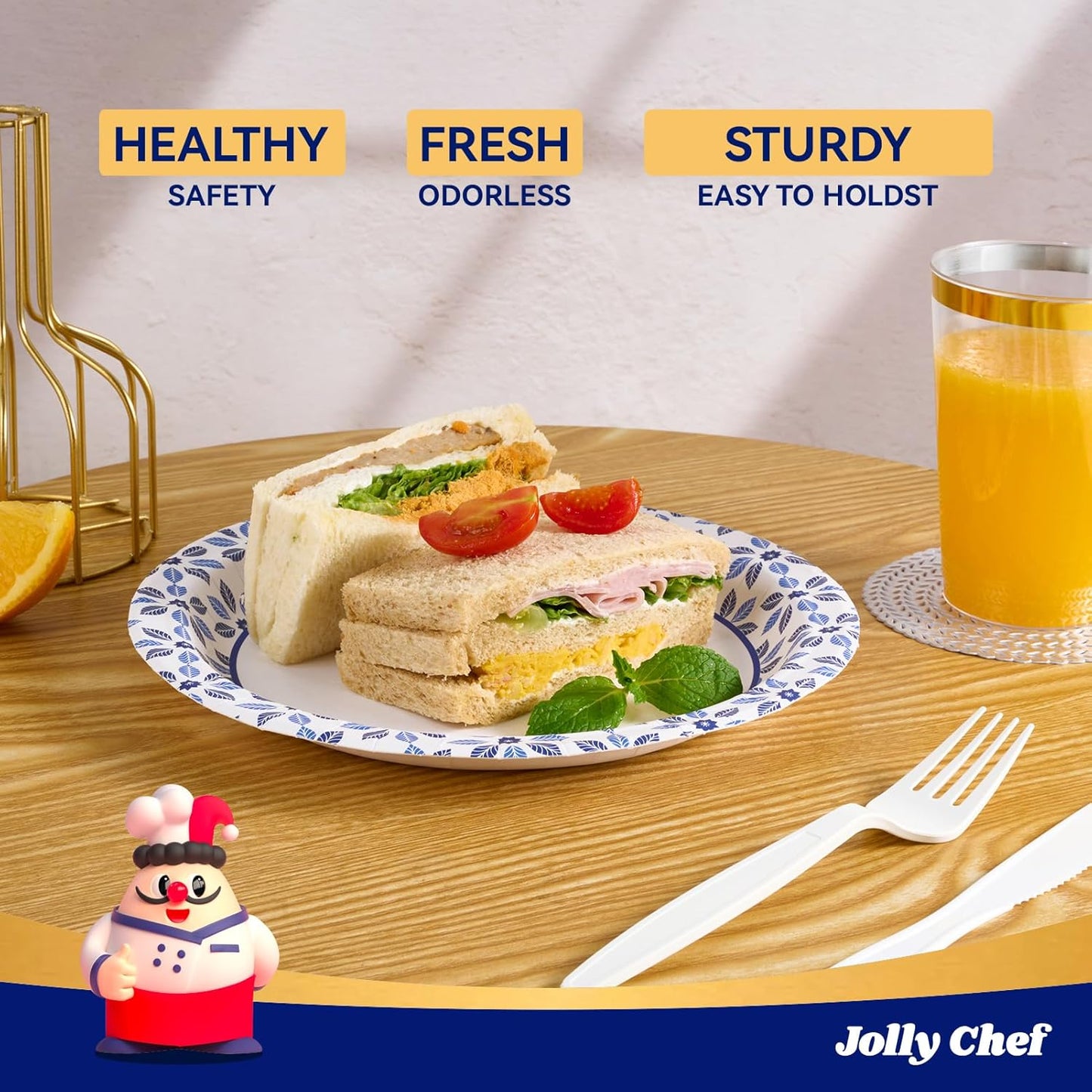 JOLLY CHEF 10 inch Disposable Paper Plates 500 Count, Soak Proof, Cut Proof, Heavy Duty Paper Plates for Thanksgiving or Everyday Use