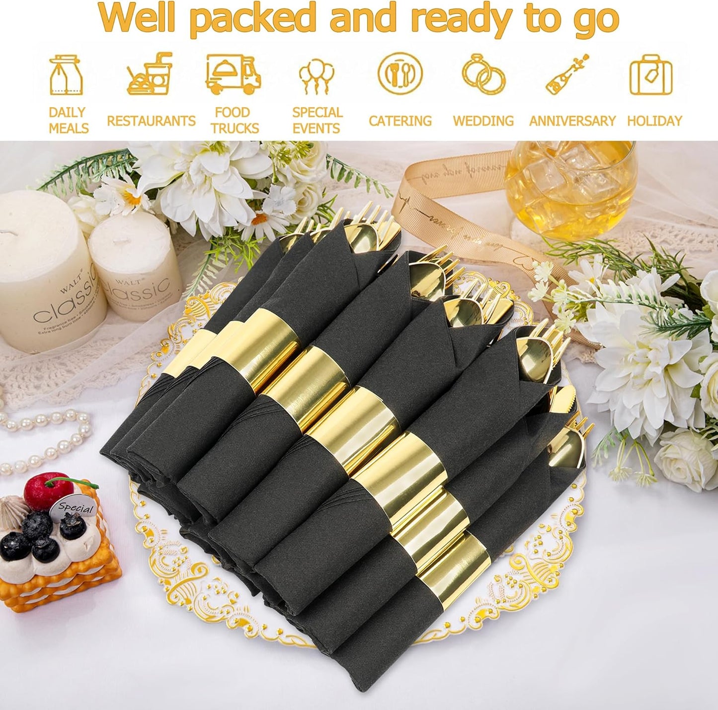 50 Pack Pre Rolled Gold Plastic Silverware Set,Fancy Wrapped Plastic Cutlery Set with Napkin Include 50 Forks,50 Spoons,50 Knives and 50 Black Napkins for Party, Wedding