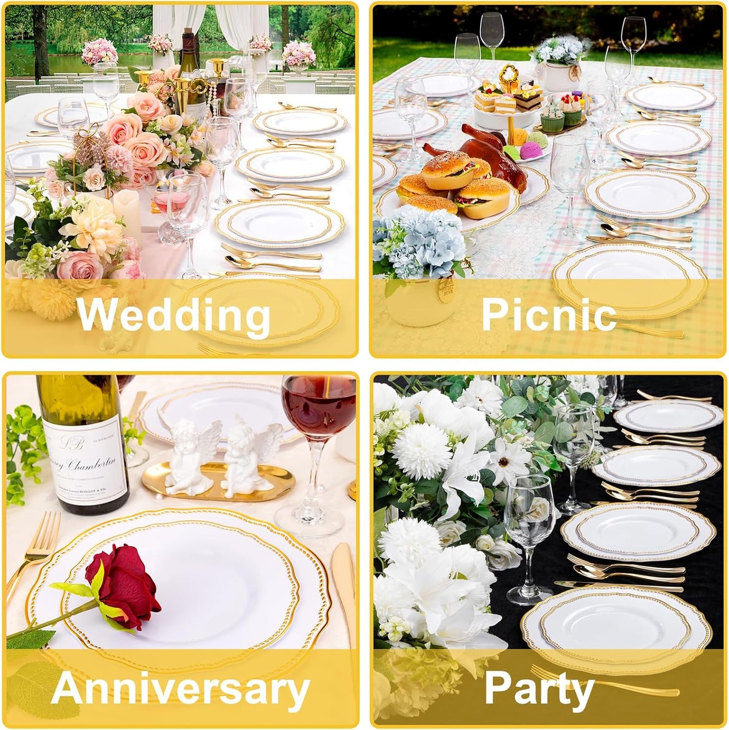 Hioasis 60pcs Gold Plastic Plates - White and Gold Disposable Dinnerware with Gold Rim, Heavy-duty, 7.5 inch, Dessert Plates for Party & Thanksgiving