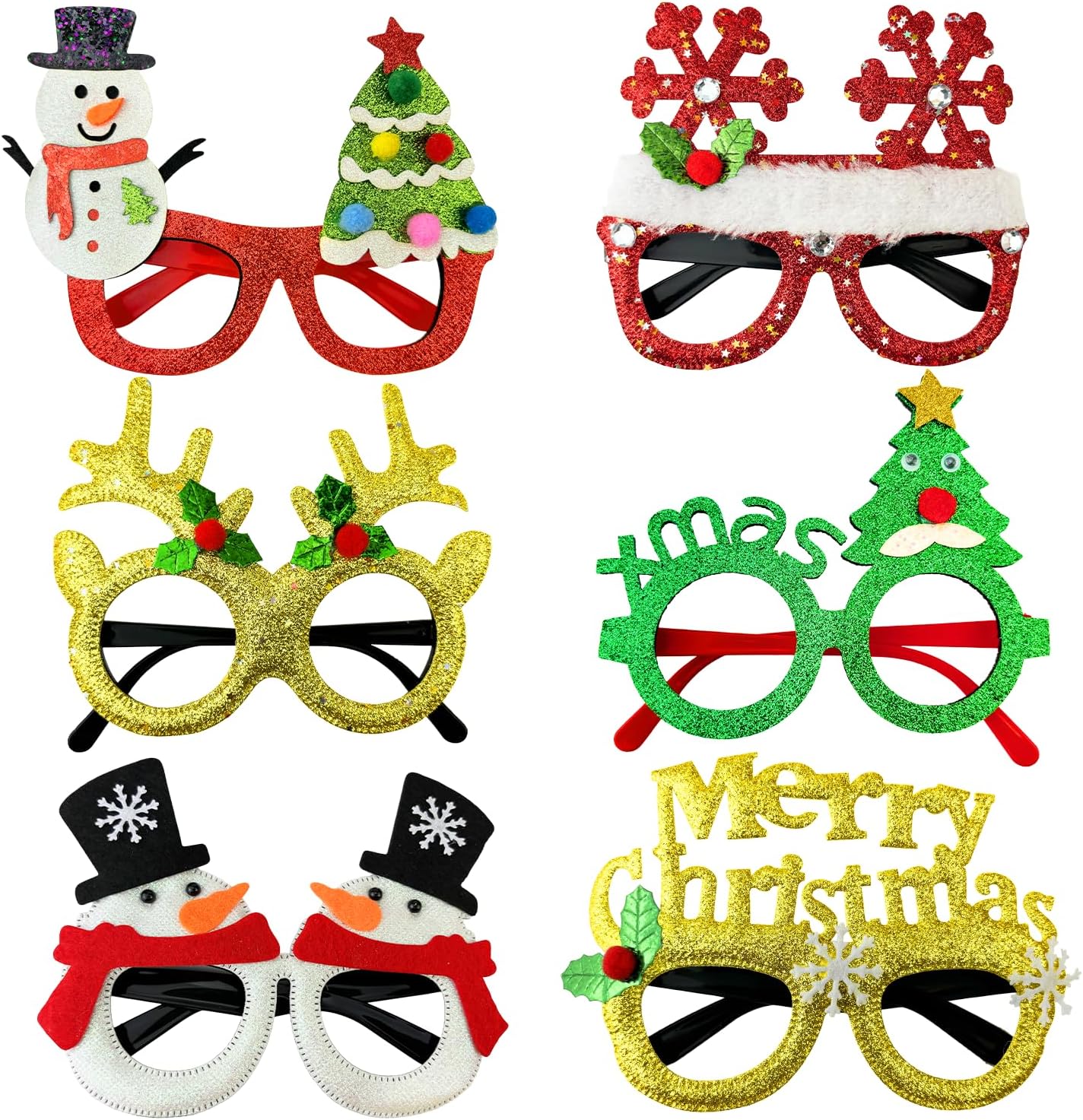 6 Pcs Christmas Glitter Glasses - Funny Xmas Eyeglasses Goodie Bag Stocking Stuffers Decorations for Kids Adults,Holiday Party Favors Supplies Christmas Costume Accessories Photo Booth Props Prizes