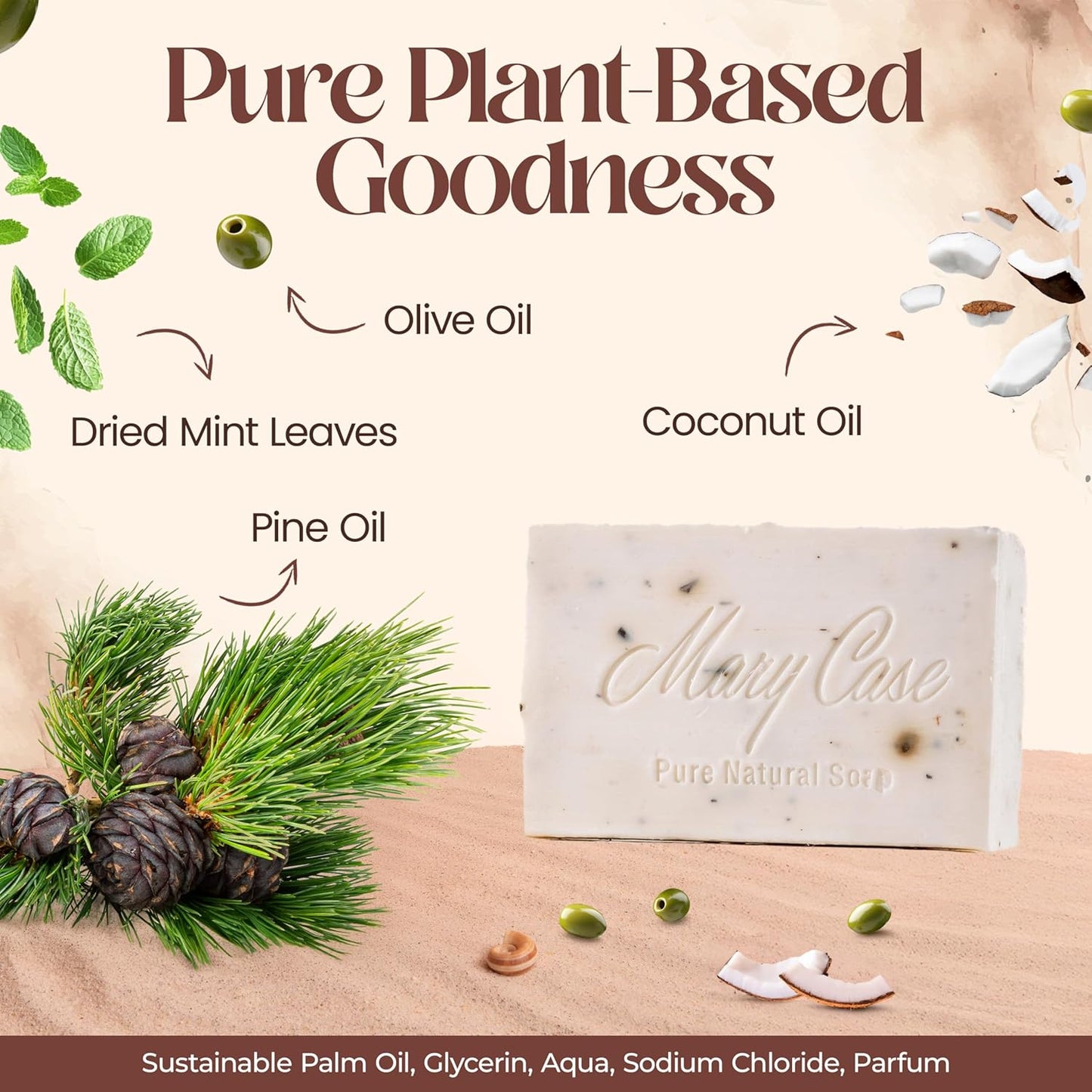 Mary Case All Natural Bar Soap for Men & Women (Set of 4) - Pine Tar Bath Soap Bar with Olive, Coconut, and Pine Oils & Dried Mint Leaves - Vegan Bath Soaps for Revitalizing & Soothing Skin