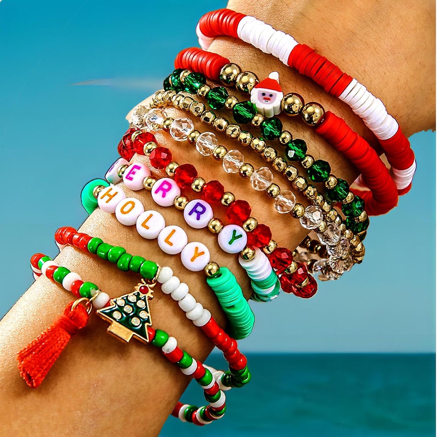 Heishi Surfer Clay Bead Bracelets Set for Women - Preppy Smile Evil Eye Beaded Stretch Bracelets Elastic Layering Friendship Bracelets- Stackable Boho Disc Summer Jewelry Set