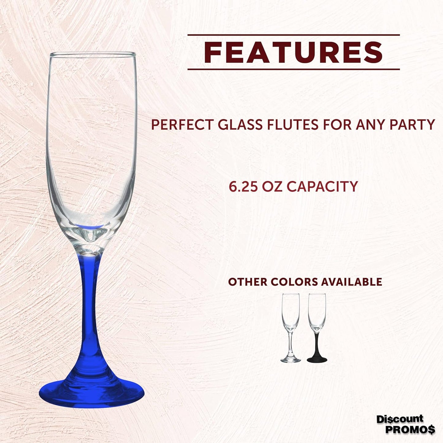 DISCOUNT PROMOS Premiere Champagne Flutes 6.25 oz. Set of 10, Bulk Pack - Elegant Drinkware for Weddings, Events, & Promotional Gifts - Blue