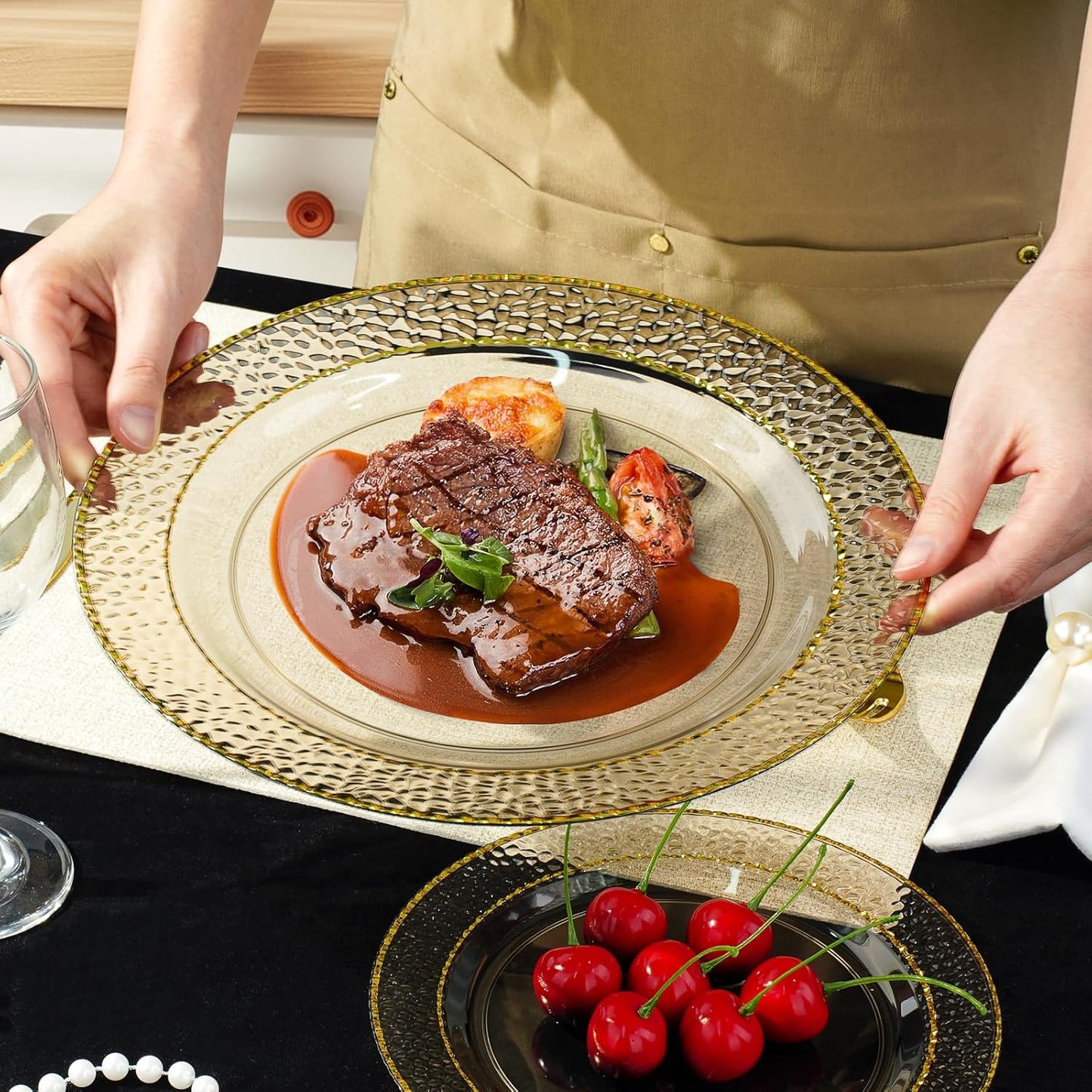 350PCS Clear Black Plastic Plates for 50 Guests, Disposable Dinnerware Set for Party and Graduation, Includes 100 Plastic Plates, 50 Pre Rolled Napkins with Gold Silverware, 50 Cups