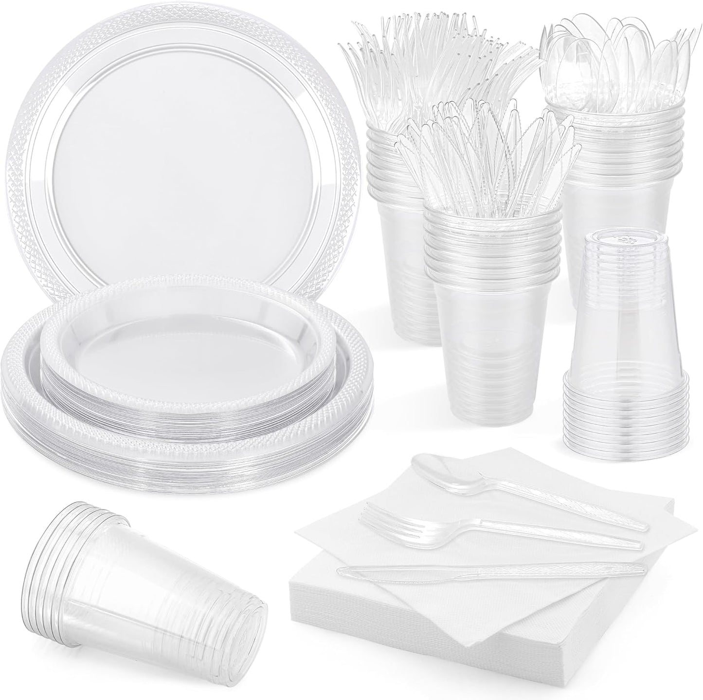 Aodaer 200 Pieces Clear Party Supplies Disposable Dinnerware Set Include Plastic Plates Cups Knives Forks Spoons Paper Napkins for Birthday Wedding Graduation Parties, Serve 25 Guests