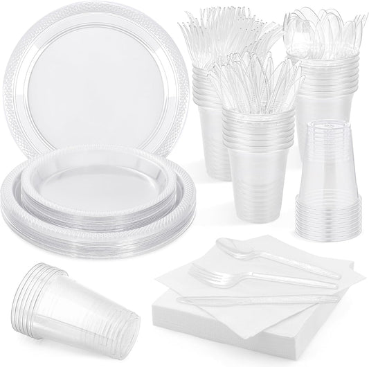 Aodaer 200 Pieces Clear Party Supplies Disposable Dinnerware Set Include Plastic Plates Cups Knives Forks Spoons Paper Napkins for Birthday Wedding Graduation Parties, Serve 25 Guests