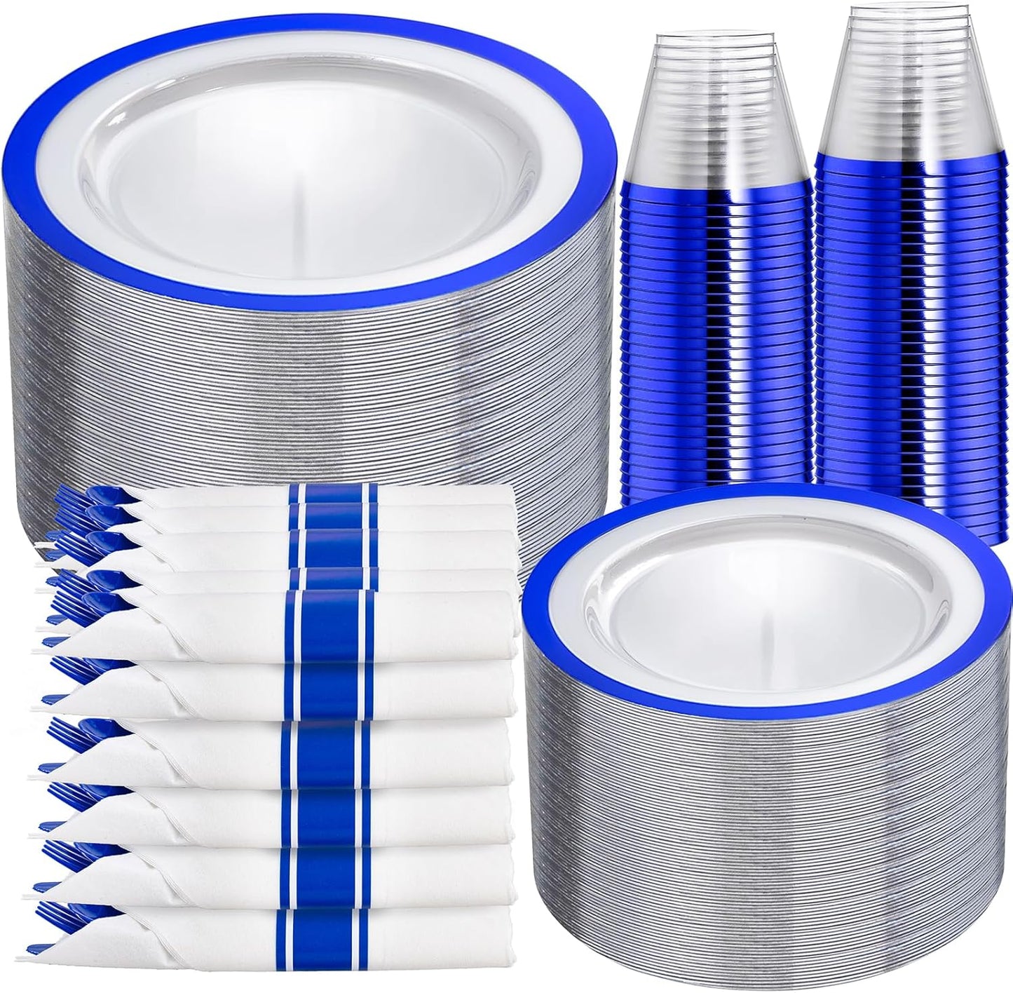 I00000 350 Pcs Dark Blue Plastic Plates,Clear Disposable Plates for 50 Guests,Blue Dinnerware Include 50 Dinner Plate 50 Dessert Plate,50 Cups,50 Pre Rolled Napkins with Cutlery Set for Party,Wedding