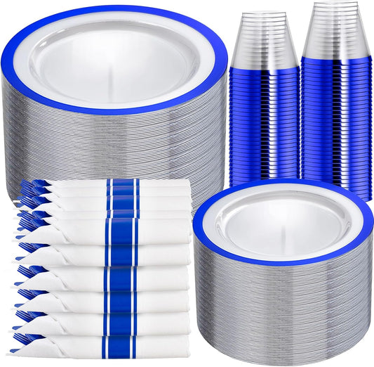 I00000 350 Pcs Dark Blue Plastic Plates,Clear Disposable Plates for 50 Guests,Blue Dinnerware Include 50 Dinner Plate 50 Dessert Plate,50 Cups,50 Pre Rolled Napkins with Cutlery Set for Party,Wedding